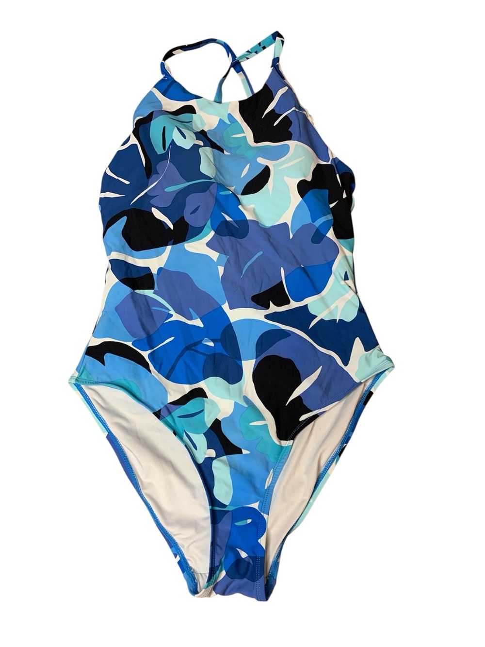 Nautica Blue Floral Tropical One Piece Swimsuit High Neck Crossback Size Large⁠